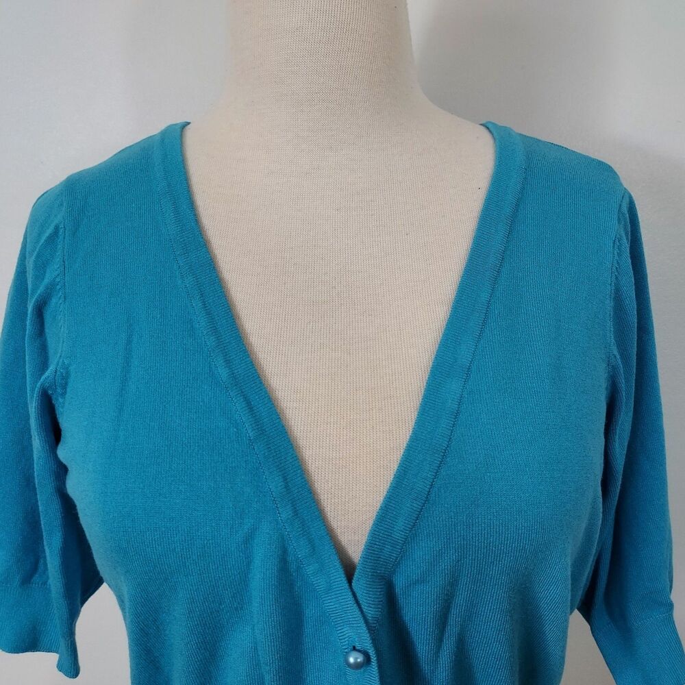 One World Cardigan Shrug Sweater Comfy Soft Button Up Short Sleeve Blue Large - Picture 3 of 12